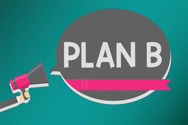 Word writing text plan b. business concept for ones backup plan or strategy detaillierter Vorschlag für etwas zu tun Mann hält Megafon Lautsprecher Sprechblase Nachricht sprechen laut. — Stockfoto