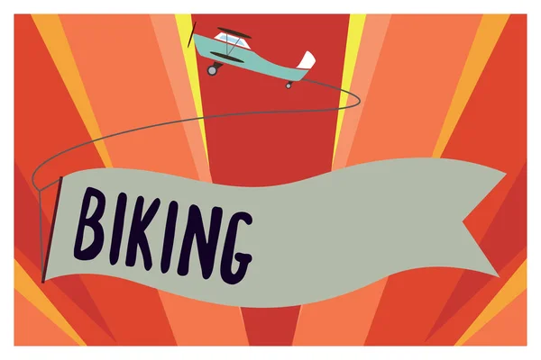 개념적 손 자전거를 보여주는 작성입니다. 자전거 또는 기관 자 전차 Delievering 패키지 개별 스포츠를 타고 비즈니스 사진 전시 — 스톡 사진