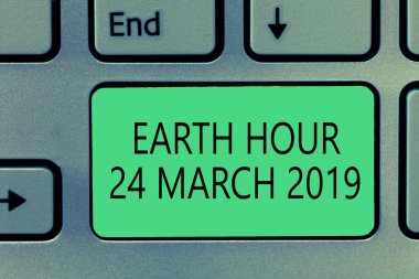 Dünya saat 24 gösterilen Not yazma 2019 Mart. Kutlamak sürdürülebilirlik Save Planet ışıklar kapalı vitrine iş fotoğraf
