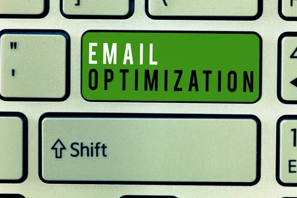 Nota de Escritura que muestra la Optimización de Email. Exposición de fotos de negocios Maximice la efectividad de la campaña de marketing — Foto de Stock