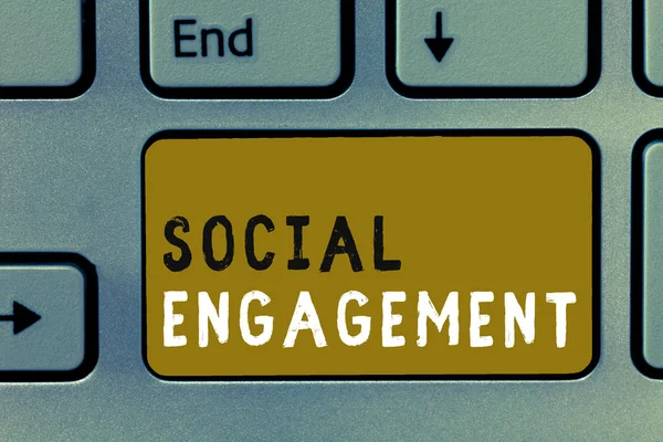 Writing note showing Social Engagement. Business photo showcasing Degree of engagement in an online community or society.