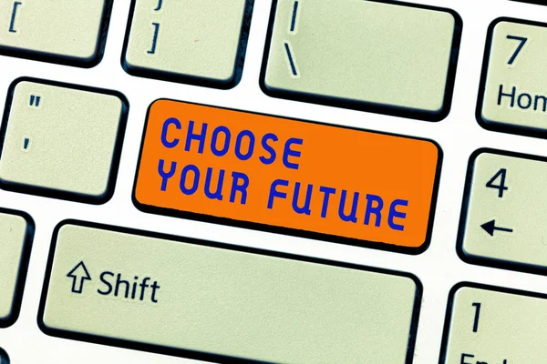 Написание заметки, показывающей "Выберите будущее". Выбор, сделанный сегодня, определит исход завтрашнего дня — стоковое фото