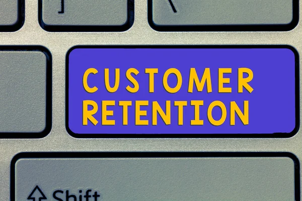 Texto de escritura a mano Retención del cliente. Concepto significado Mantener a los clientes leales Retener a muchos como sea posible — Foto de Stock