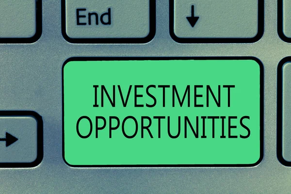 Writing note showing Investment Opportunities. Business photo showcasing a Purchase that has a chance to Gain Value — Stock Photo, Image