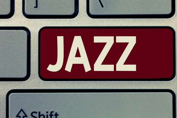 Konceptuella hand skriva visar Jazz. Företag foto skylta kraftfulla rytm med mässing och träblåsare instrument för att spela upp musik — Stockfoto