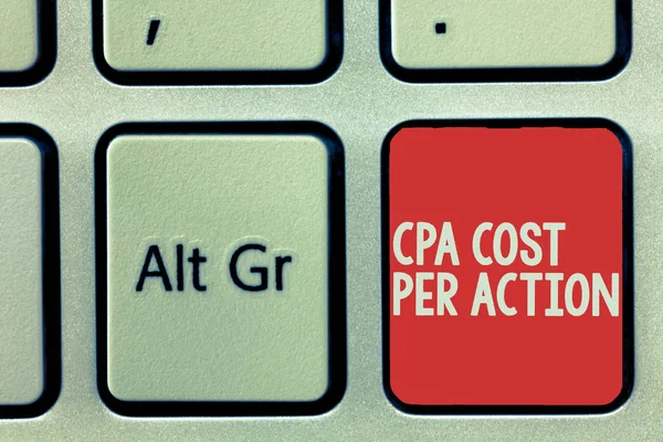 Tekst teken weergegeven: Cpa-Cost Per Action. Conceptuele foto Commissie betaald wanneer de gebruiker klikt op een Affiliate Link — Stockfoto