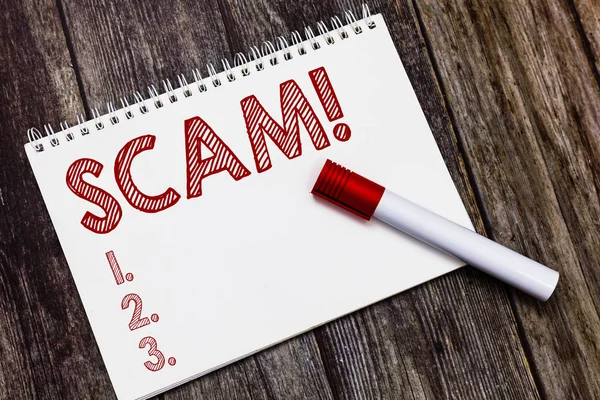 Writing note showing Scam. Business photo showcasing dishonest scheme Fraud Stealing someone money or Informations — Stock Photo, Image