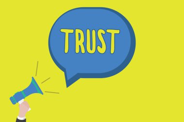 Güven 'i gösteren kavramsal el yazısı. İş fotoğraflarında şirket inancını gösteriyor. Güvenilirlik, doğruluk veya yetenek. Birine bir şey. Aile.