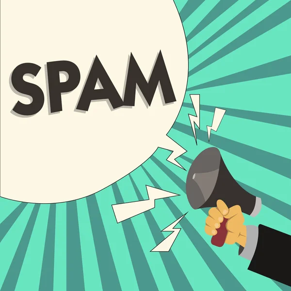 Writing note showing Spam. Business photo showcasing Intrusive advertising Inappropriate messages sent on the Internet — Stock Photo, Image