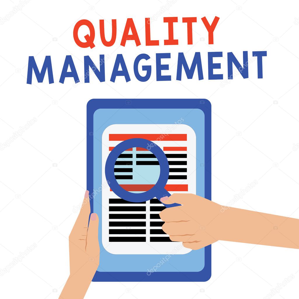 Handwriting text Quality Management. Concept meaning Maintain Excellence Level High Standard Product Services
