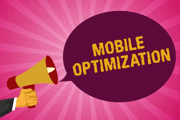A mobil optimalizálást bemutató feljegyzés. Üzleti fotó bemutató Site Content Református kézi vagy táblagép eszközök — Stock Fotó