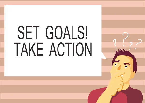 Sinal de texto mostrando Set Goals Take Action. Foto conceitual Agir sobre um plano específico e claramente estabelecido — Fotografia de Stock