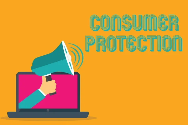 Εννοιολογική γραφή με το χέρι που δείχνει την προστασία των καταναλωτών. Επιχειρηματική φωτογραφία κείμενο Δίκαιο Εμπόριο Νόμοι για να εξασφαλίσει την προστασία των καταναλωτών — Φωτογραφία Αρχείου