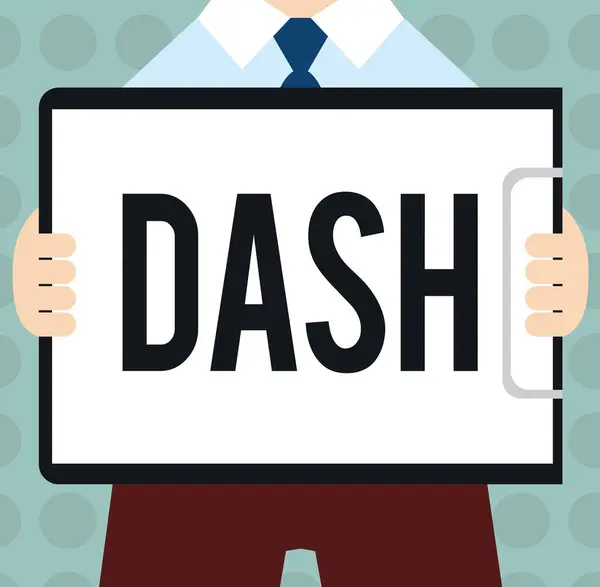 Koncepcyjne w zapasie pismo, Wyświetlono Dash. Biznes zdjęcie tekstu pierwszego waluty cyfrowej cyfrową gotówką zdecentralizowanego zarządzania blockchain — Zdjęcie stockowe