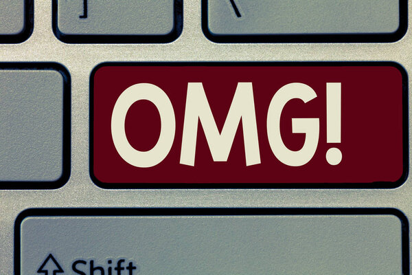 Conceptual hand writing showing Omg. Business photo showcasing Used to express shock Excitement Disbelief SMS shortcut Expression