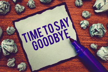 Zaman için Say Goodbye gösterilen Not yazma. Tekrar karşılaştık teklif veda çok uzun seni görene vitrine iş fotoğraf
