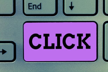 Click 'i gösteren metin işareti. Fare benzeri bir aygıt üzerindeki bir tuşa basma kavramsal fotoğraf eylemi Keskin kısa ses