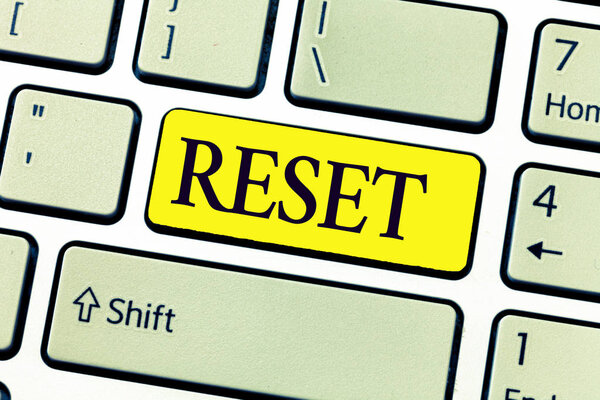 Handwriting text writing Reset. Concept meaning cause device return to its factory mode Set again zero start point