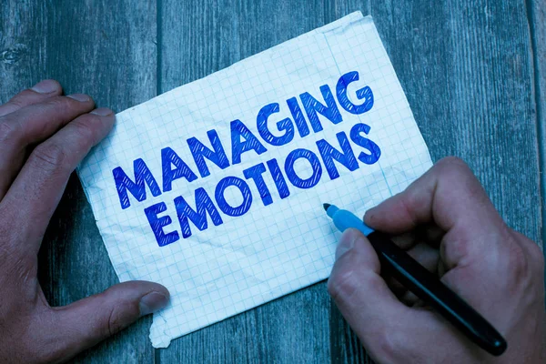 Text sign showing Managing Emotions. Conceptual photo Controlling feelings in oneself Maintain composure — Stock Photo, Image
