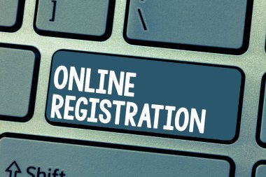 Text sign showing Online Registration. Conceptual photo Process to Subscribe to Join an event club via Internet clipart