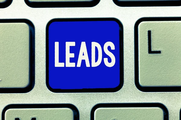 Writing note showing Leads. Business photo showcasing route or means of access to particular place Facebook ad campaign — Stock Photo, Image