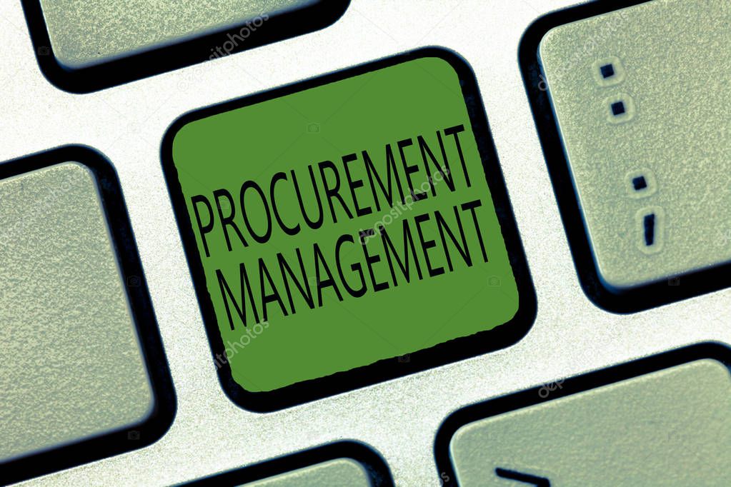 Writing note showing Procurement Management. Business photo showcasing buying Goods and Services from External Sources