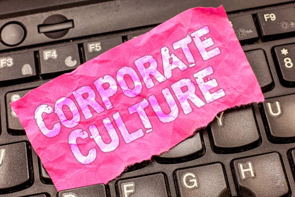 Writing note showing Corporate Culture. Business photo showcasing Beliefs and ideas that a company has Shared values