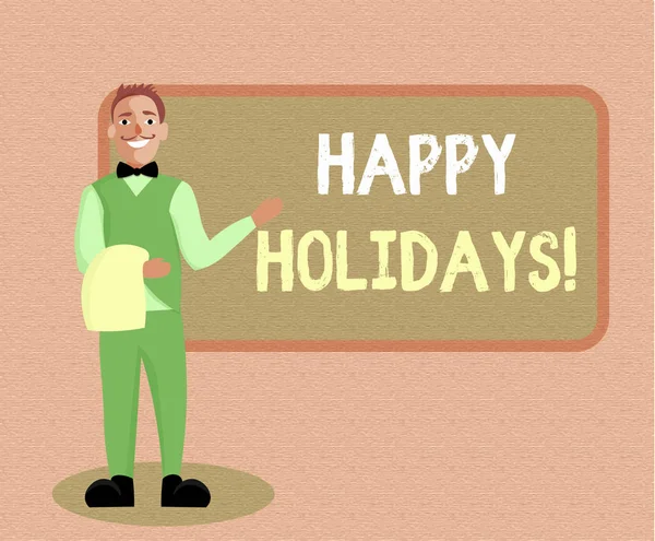 Writing Obs visar Happy Holidays. Företag foto skylta gjorde en kort resa med en grupp människor för nöje — Stockfoto