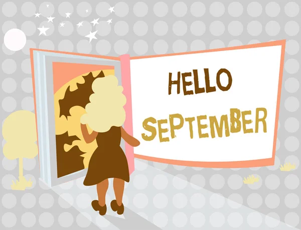 Escribiendo nota que muestra Hello September. Foto de negocios con ganas de una cálida bienvenida al mes de septiembre — Foto de Stock