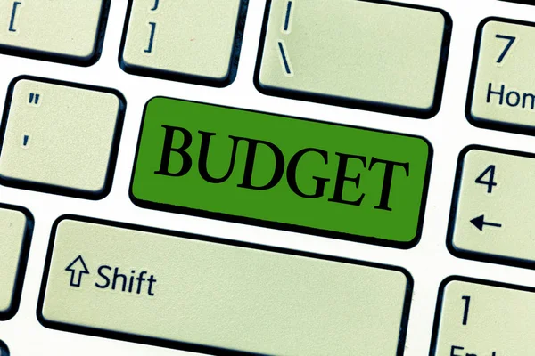 Writing note showing Budget. Business photo showcasing defined estimate of income and expenditure for set period of time — Stock Photo, Image