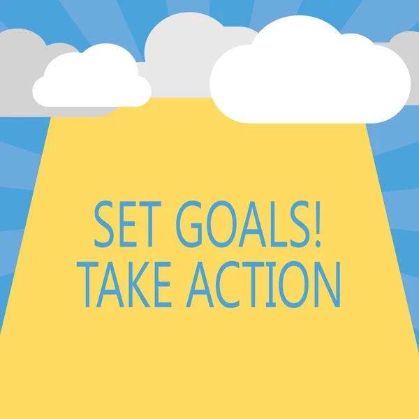 Написание заметки, показывающей Set Goals Take Action. Закон о демонстрации деловой фотографии на конкретных и четко сформулированных планах — стоковое фото