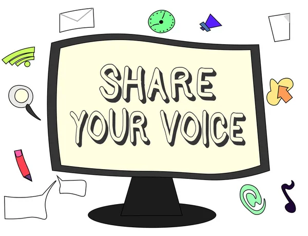 概念性手写显示分享您的声音。商务照片展示要求员工或会员发表意见或建议 — 图库照片