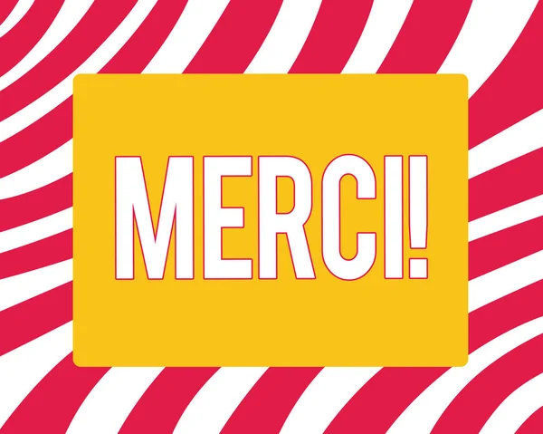 概念的な手書きの Merci を示します。誰かに感謝しているフランス語でありがとうとして定義されているビジネス写真展示 — ストック写真