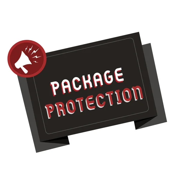 显示包件保护的文字标志。概念照片包扎及保管物品以避免损坏标签盒 — 图库照片