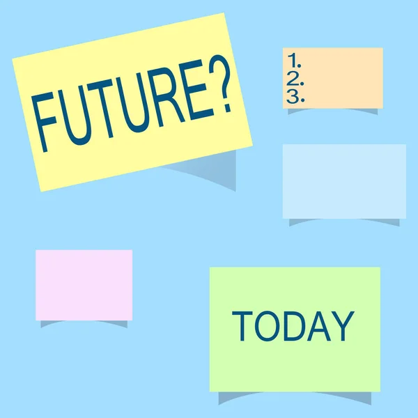 Texte d'écriture de mot Question future. Concept d'affaires pour la planification de demain Stratégie Vision Buts Objectifs — Photo