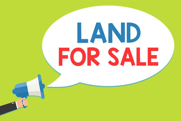 Word writing text Land For Sale. Business concept for Real Estate Lot Selling Developers Realtors Investment Man holding megaphone loudspeaker speech bubble message speaking loud.