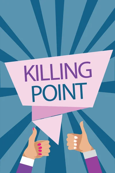 Una lettera che mostra Killing Point. Business foto vetrina Fase Fine Recensione Fase Gate Valutazione del progetto No Go Man donna mani pollice in su approvazione discorso bolla raggi sfondo . — Foto Stock