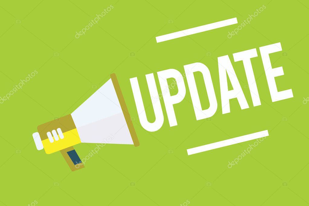 Conceptual hand writing showing Update. Business photo showcasing Up to date Make something more modern or updated newer version Megaphone green background important message speaking loud
