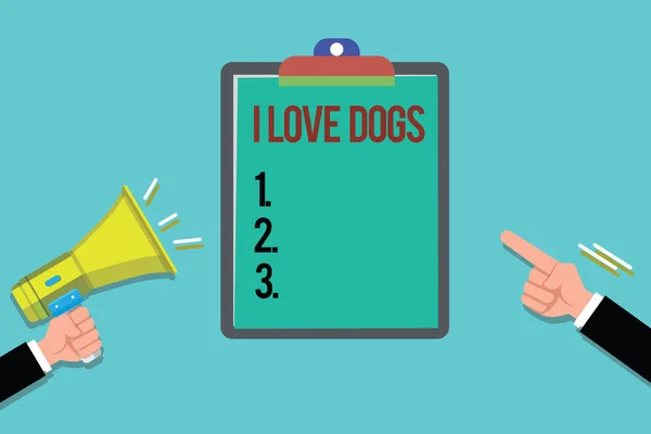 Parola che scrive testo I Love Dogs. Business concept per Avere buoni sentimenti verso i canini Amare gli animali domestici — Foto Stock