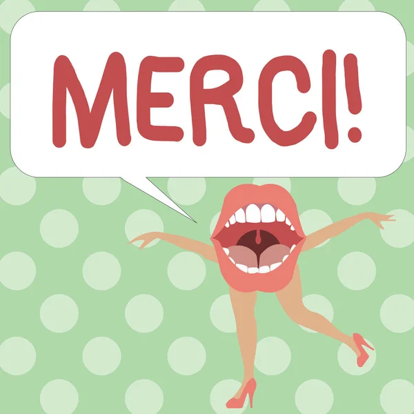 Handskrift text skriver Merci. Begreppet mening definieras som tack i franska språket att vara tacksam att någon — Stockfoto