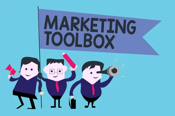 Escrita de mão conceitual mostrando Marketing Toolbox. Texto para fotos de negócios Significa promover um produto ou serviços Automação — Fotografia de Stock