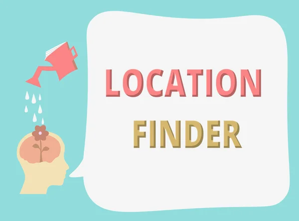 Writing note showing Location Finder. Business photo showcasing A service featured to find the address of a selected place — Stock Photo, Image