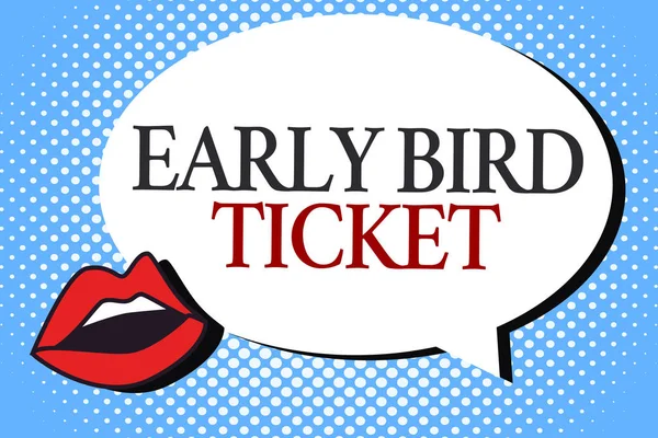 Writing note showing Early Bird Ticket. Business photo showcasing Buying a ticket before it go out for sale in regular price — Stock Photo, Image