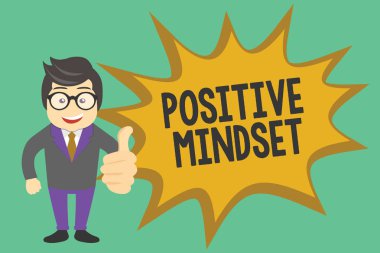 Pozitif zihniyeti gösteren kavramsal el yazısı. İş fotoğraflarında zihinsel ve duygusal tavırlar sergileniyor.