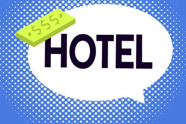 Hotel gösterilen Not yazma. Konaklama amaçlı seyahat edenler için yemek hizmeti veren kuruluş vitrine iş fotoğraf