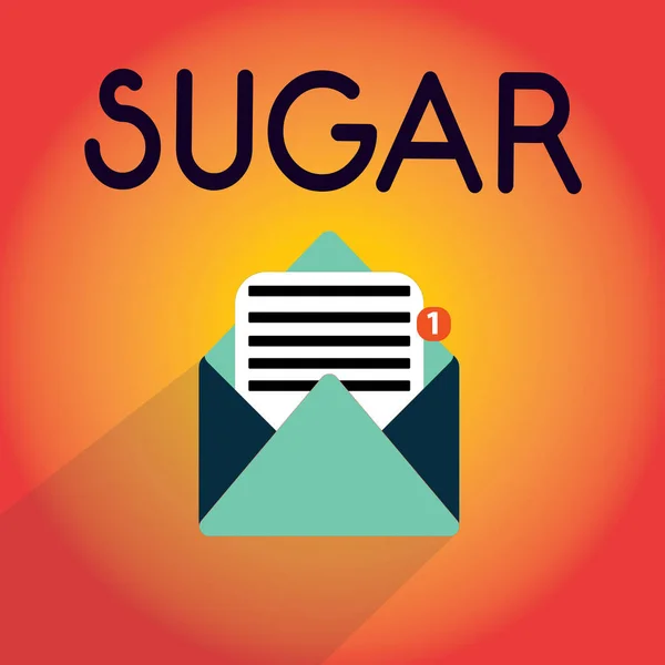 A escrever um bilhete a mostrar o Sugar. Foto de negócios mostrando substância cristalina doce obtida de várias plantas como a cana — Fotografia de Stock