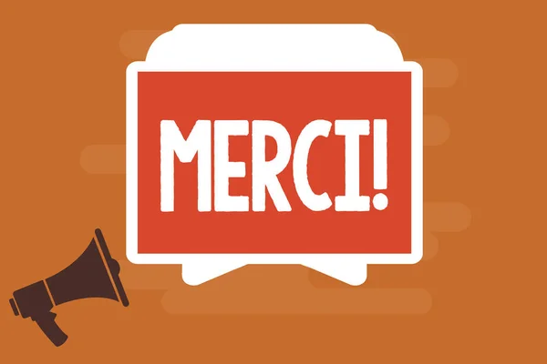 Konceptuella hand skriva visar Merci. Företag foto text definieras som tack i franska språket att vara tacksam att någon — Stockfoto