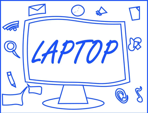 Χειρόγραφο κείμενο γράφοντας Laptop. Έννοια έννοια υπολογιστή που είναι φορητός και κατάλληλο για χρήση κατά τη διάρκεια ταξιδιού — Φωτογραφία Αρχείου