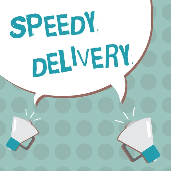 Scrittura concettuale a mano che mostra Speedy Delivery. Il testo della foto di affari fornisce i prodotti nel modo veloce o nello stesso giorno che spedisce oltremare — Foto Stock