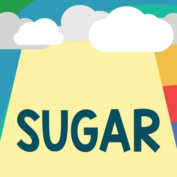 Κείμενο πινακίδα που δείχνει την ζάχαρη. Εννοιολογική φωτογραφία γλυκό κρυσταλλική ουσία που προέρχονται από διάφορα φυτά, όπως από ζαχαροκάλαμο — Φωτογραφία Αρχείου